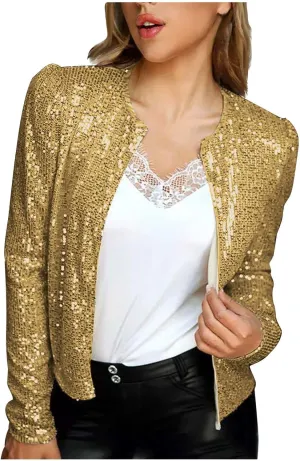 2024 Sequin Jackets Women Evening Party Glitter Tops Front Zip Long Sleeve Jackets Fashion Sparkly Bomber Clothes