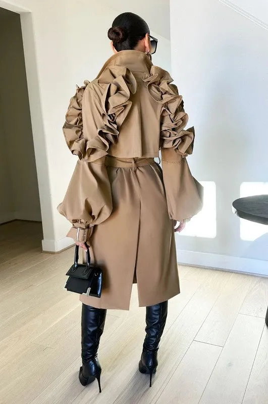 All the Frills- Ruffled Sleeve Trench Coat-Plus Size