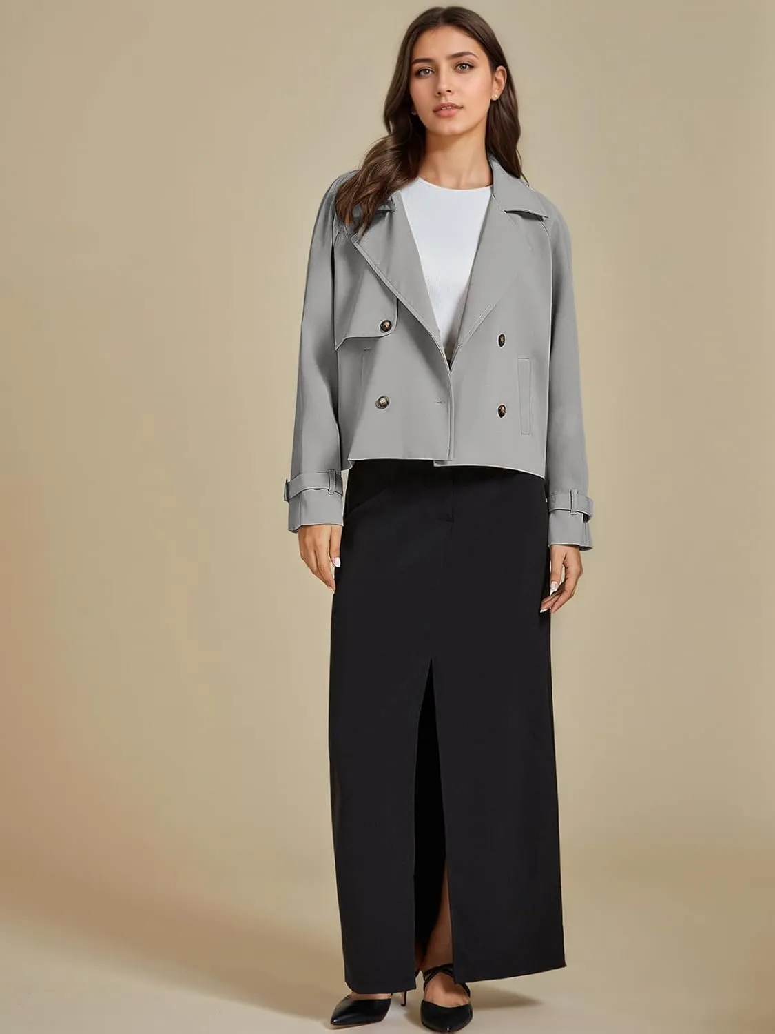 ASHER FASHION Cropped Trench Coat for Women, Fall Jackets for Women 2024, Long Sleeve Double Breasted Notched Lapel Casual