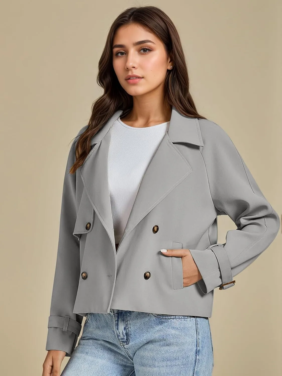 ASHER FASHION Cropped Trench Coat for Women, Fall Jackets for Women 2024, Long Sleeve Double Breasted Notched Lapel Casual