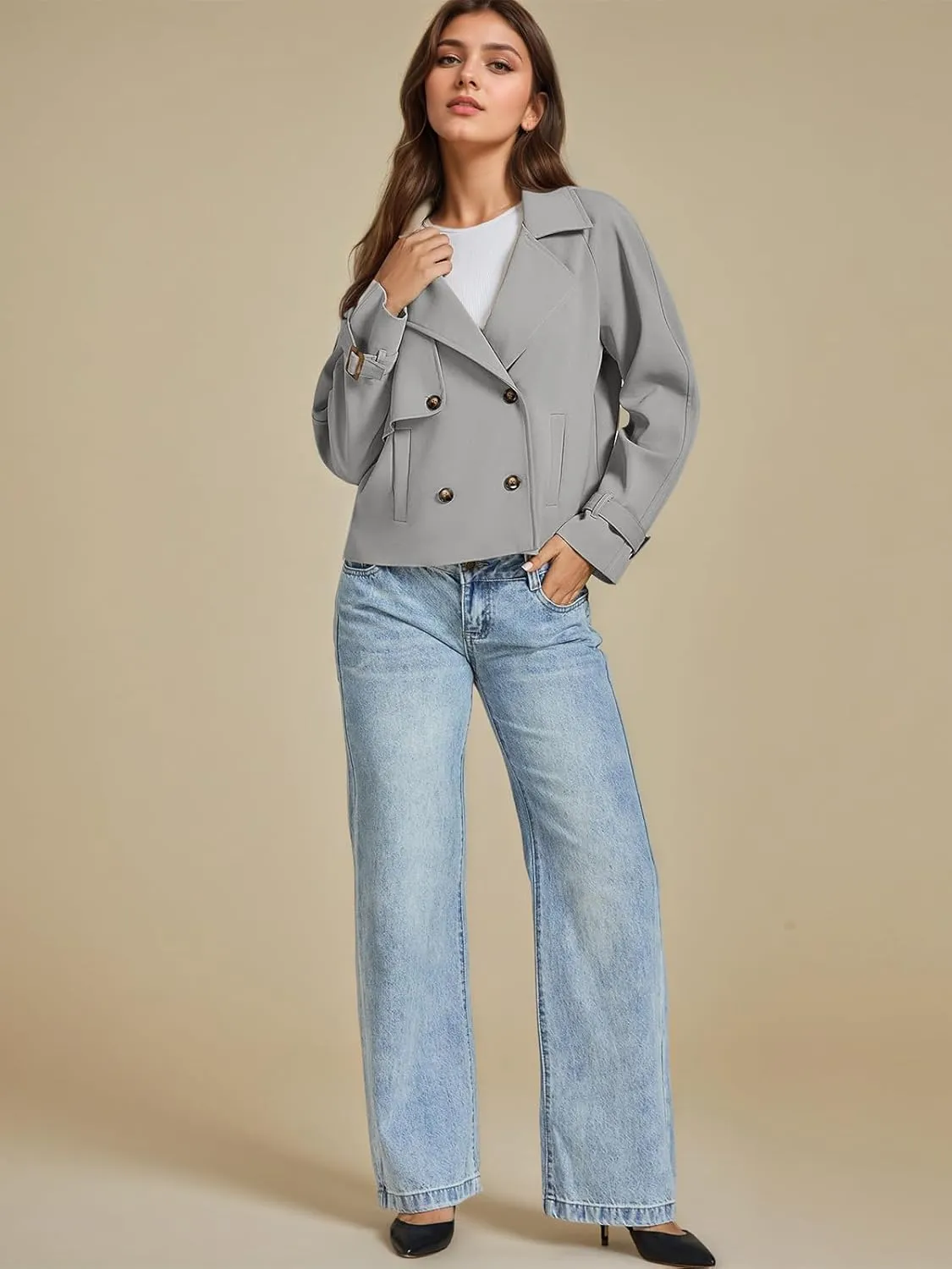 ASHER FASHION Cropped Trench Coat for Women, Fall Jackets for Women 2024, Long Sleeve Double Breasted Notched Lapel Casual