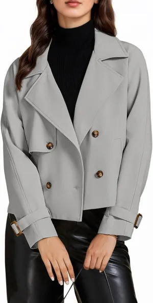 ASHER FASHION Cropped Trench Coat for Women, Fall Jackets for Women 2024, Long Sleeve Double Breasted Notched Lapel Casual