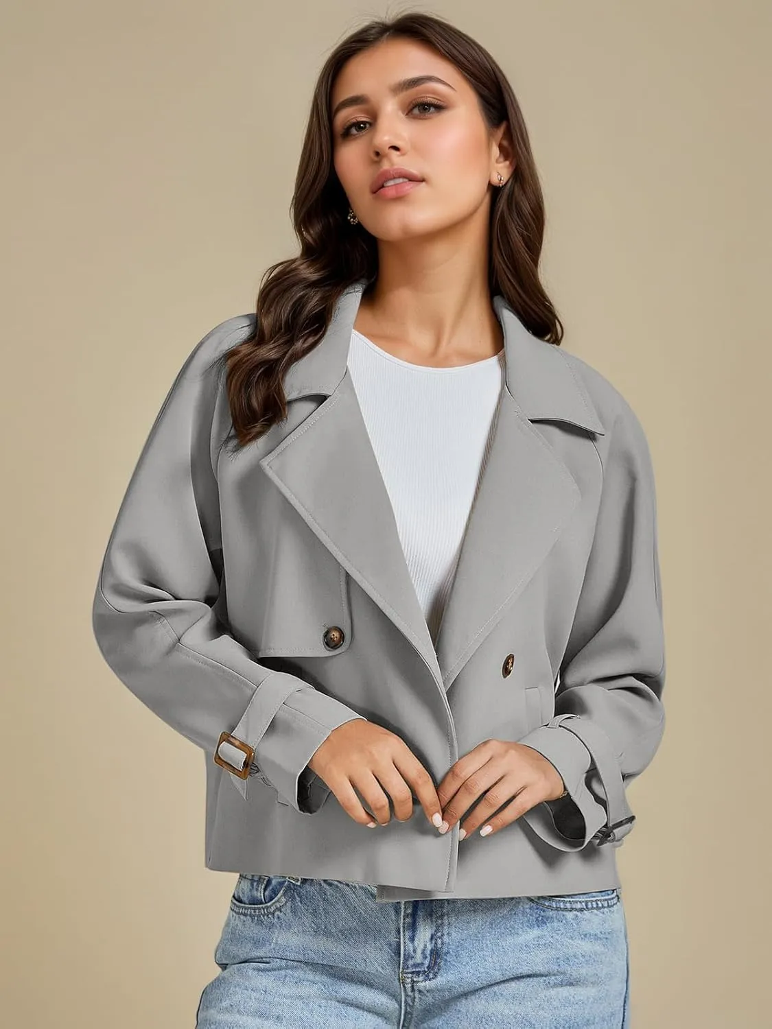 ASHER FASHION Cropped Trench Coat for Women, Fall Jackets for Women 2024, Long Sleeve Double Breasted Notched Lapel Casual