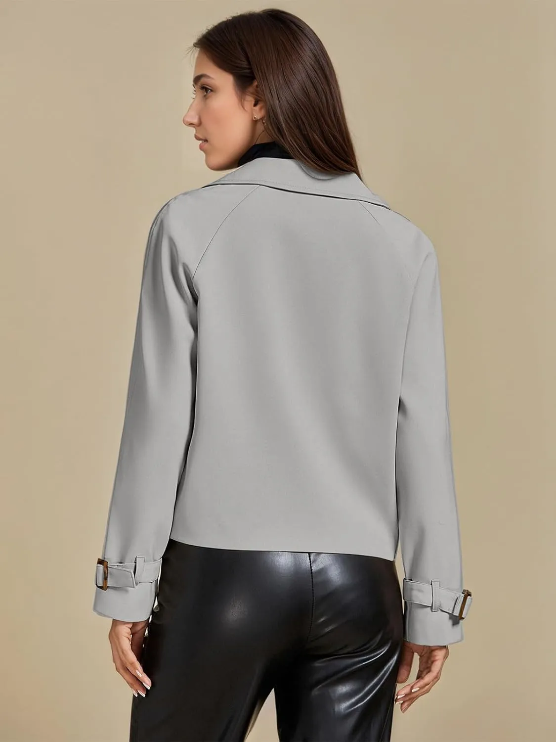 ASHER FASHION Cropped Trench Coat for Women, Fall Jackets for Women 2024, Long Sleeve Double Breasted Notched Lapel Casual