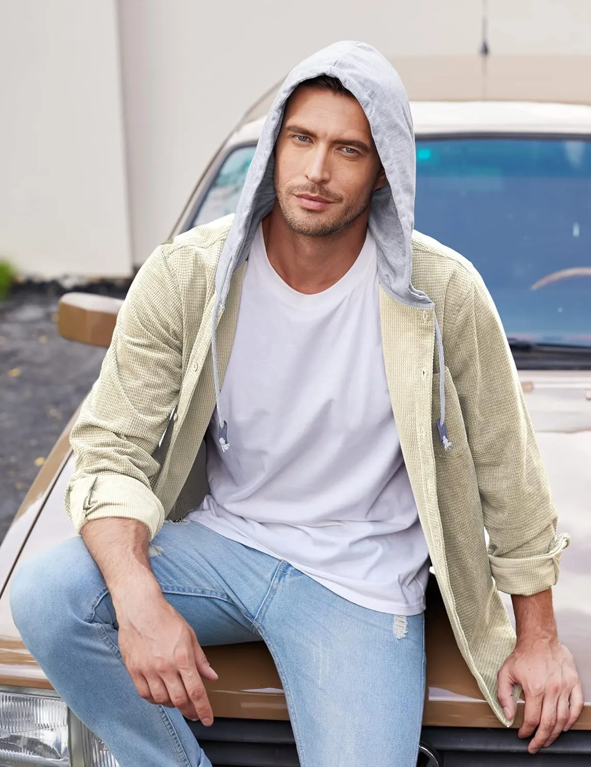 COOFANDY Men's Corduroy Shirt Jackets Long Sleeve Button Down Casual Stylish Hooded Shacket Jacket with Pocket