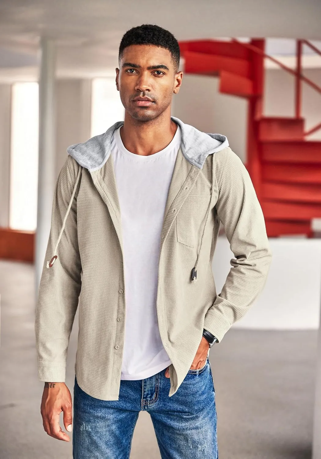 COOFANDY Men's Corduroy Shirt Jackets Long Sleeve Button Down Casual Stylish Hooded Shacket Jacket with Pocket