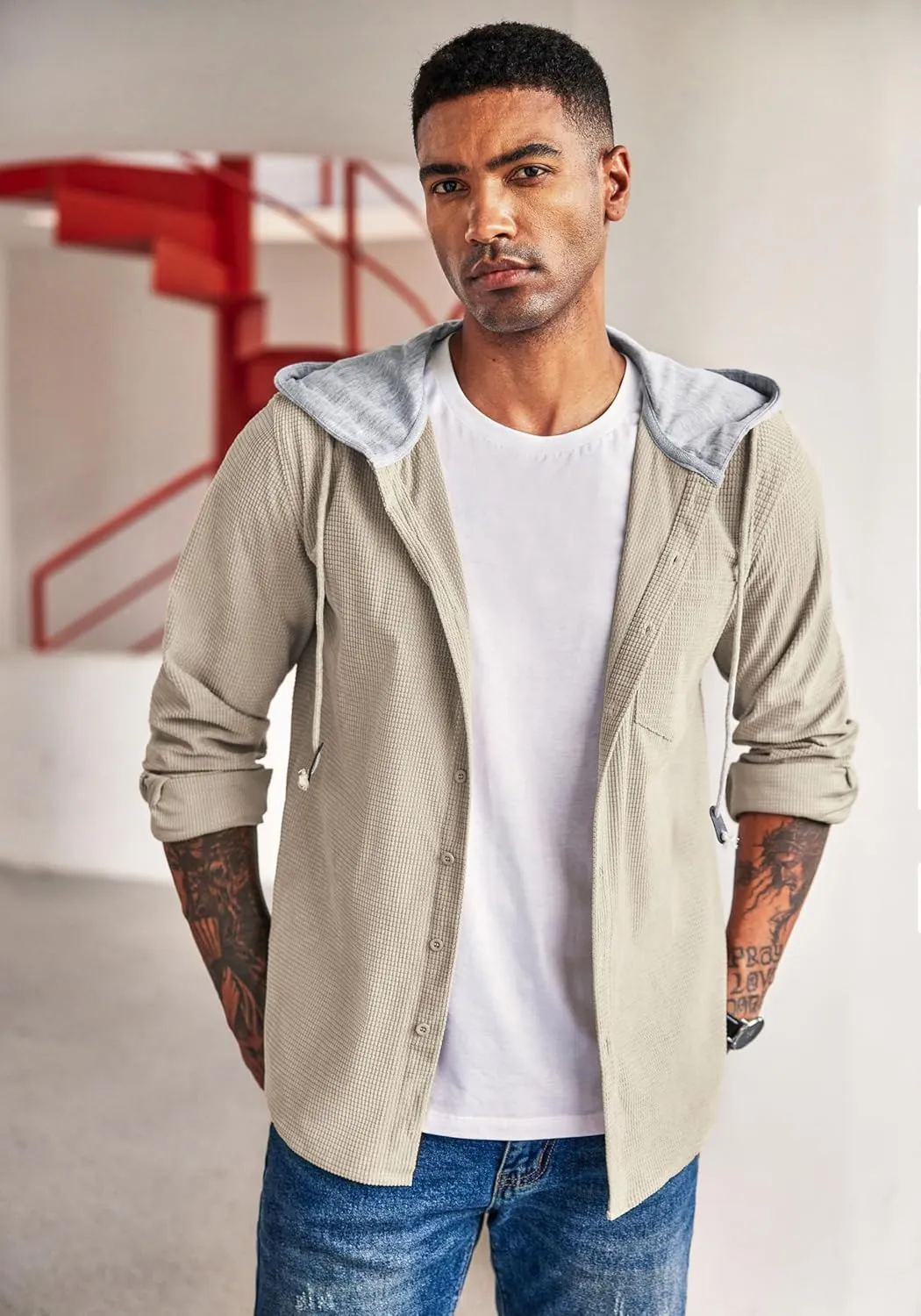 COOFANDY Men's Corduroy Shirt Jackets Long Sleeve Button Down Casual Stylish Hooded Shacket Jacket with Pocket