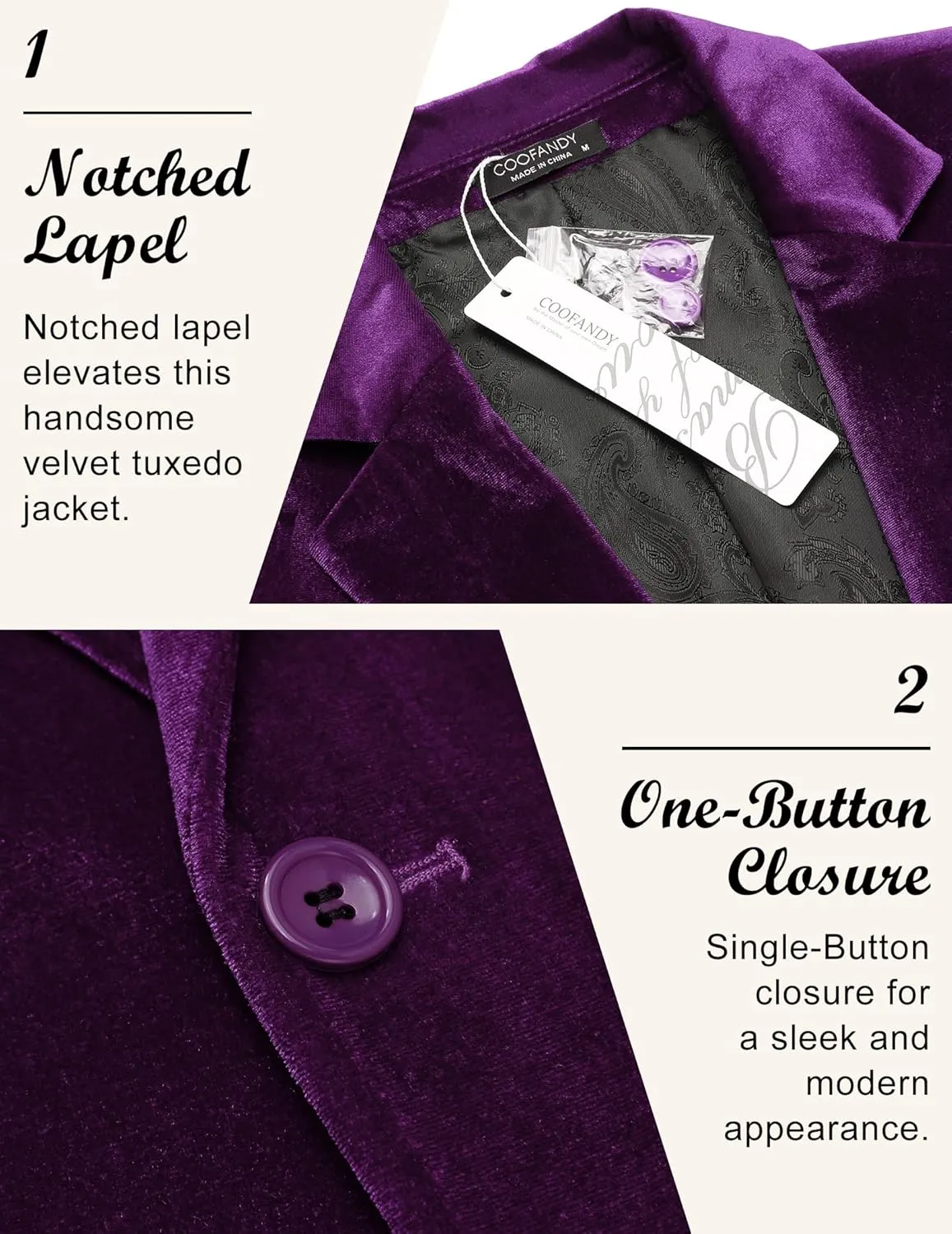 COOFANDY Men's Velvet Blazer Notched Lapel Velour Suit Jacket One Button Tuxedo Jackets for Wedding Prom Party Dinner