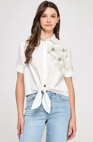 Cuffed Half Sleeve Front Tie with Floral Brooch - NEW!