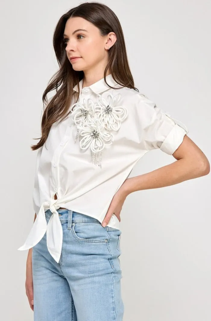 Cuffed Half Sleeve Front Tie with Floral Brooch - NEW!