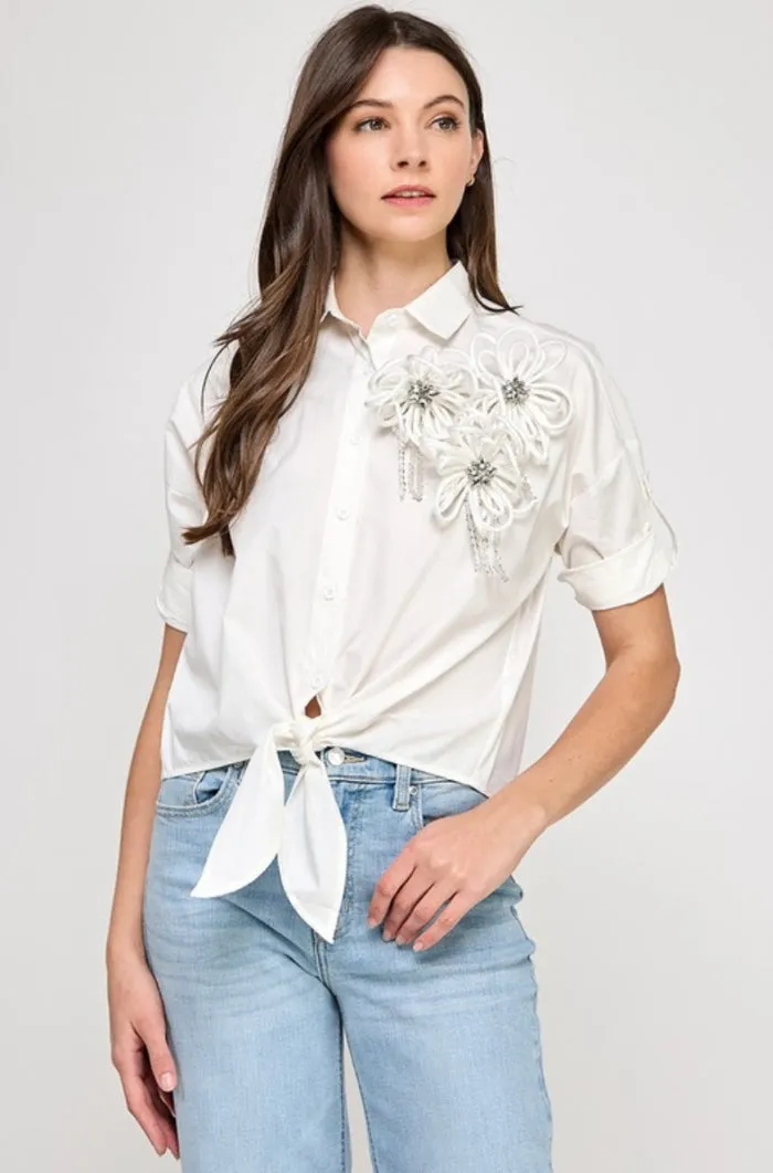 Cuffed Half Sleeve Front Tie with Floral Brooch - NEW!