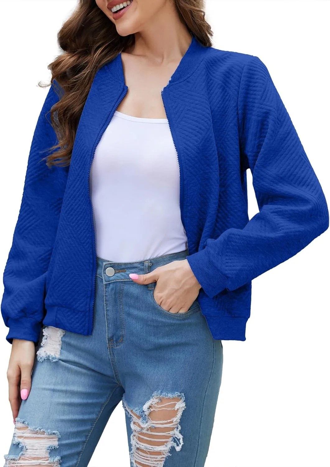 Fleece Jackets for Women Lightweight Full Zip Bomber Jacket Soft Long Sleeve Zip Up Hoodies Crew Neck Sweatshirt