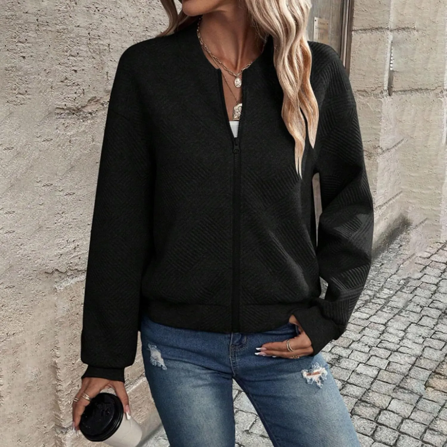Fleece Jackets for Women Lightweight Full Zip Bomber Jacket Soft Long Sleeve Zip Up Hoodies Crew Neck Sweatshirt