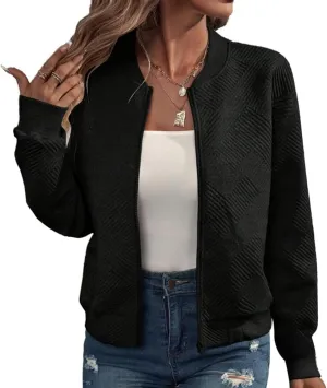 Fleece Jackets for Women Lightweight Full Zip Bomber Jacket Soft Long Sleeve Zip Up Hoodies Crew Neck Sweatshirt