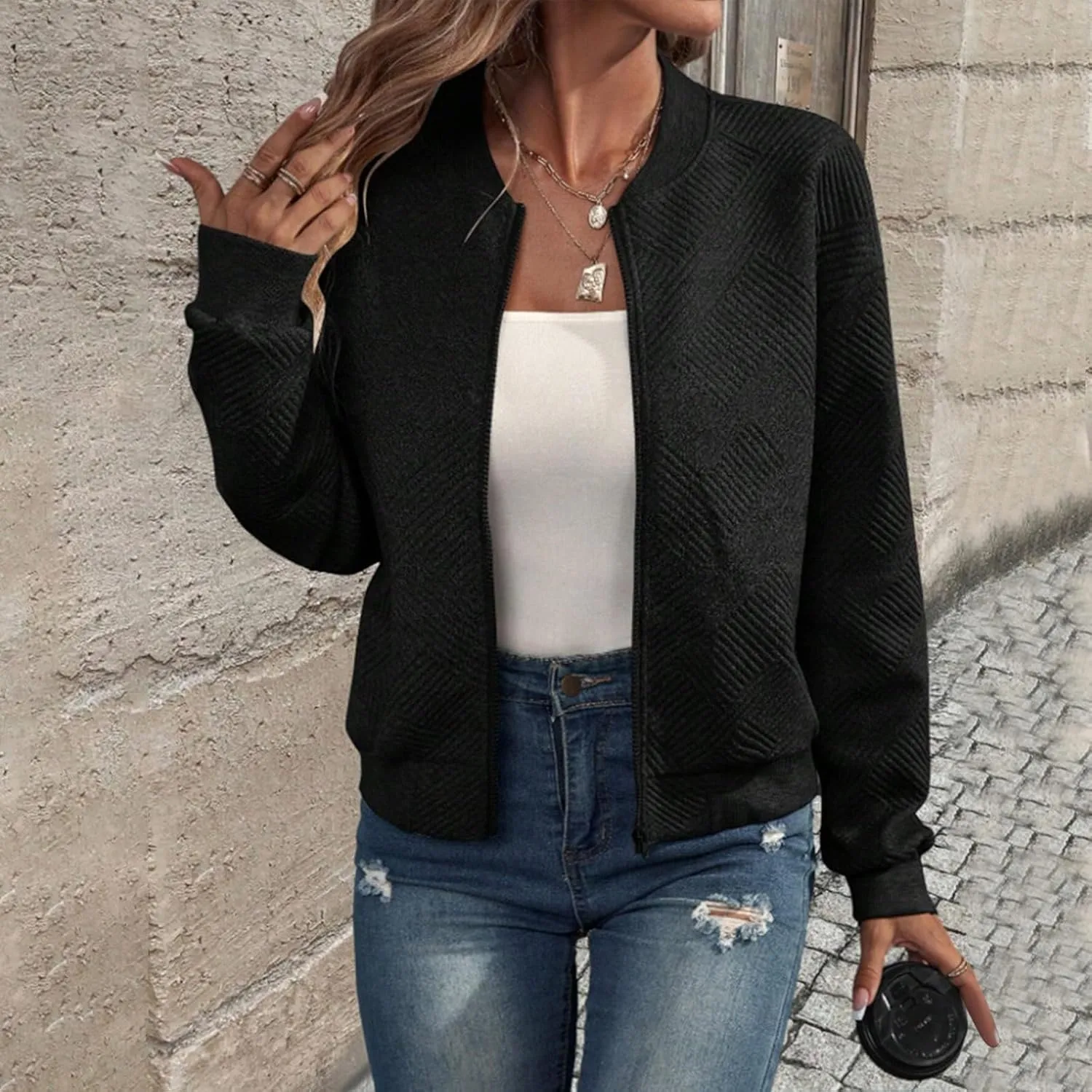 Fleece Jackets for Women Lightweight Full Zip Bomber Jacket Soft Long Sleeve Zip Up Hoodies Crew Neck Sweatshirt