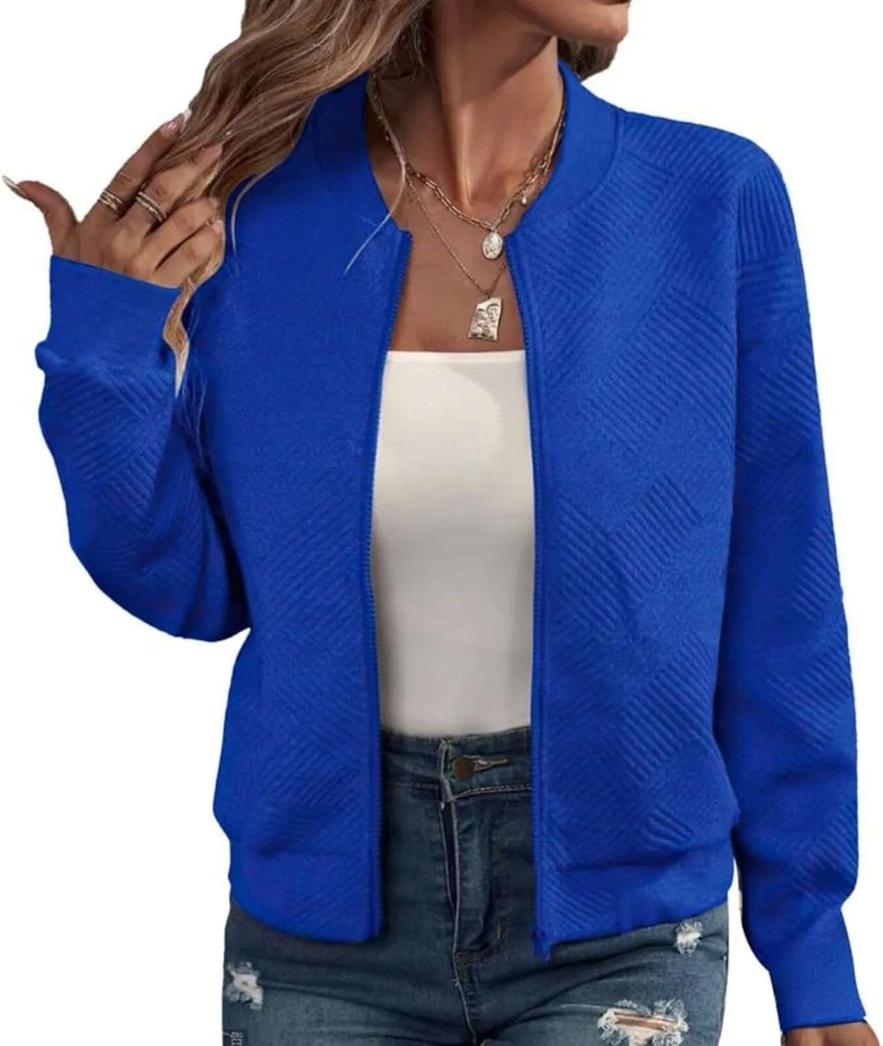 Fleece Jackets for Women Lightweight Full Zip Bomber Jacket Soft Long Sleeve Zip Up Hoodies Crew Neck Sweatshirt
