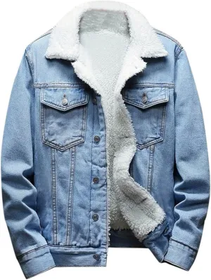 hlysgo Men's Jean Jacket Casual Lapel Sherpa Fleece Lined Thicken Denim Jean Trucker Jacket Coats Slim-Fit Outerwear