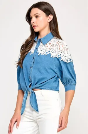 Lace Shoulder Detail Denim Top - NEW!