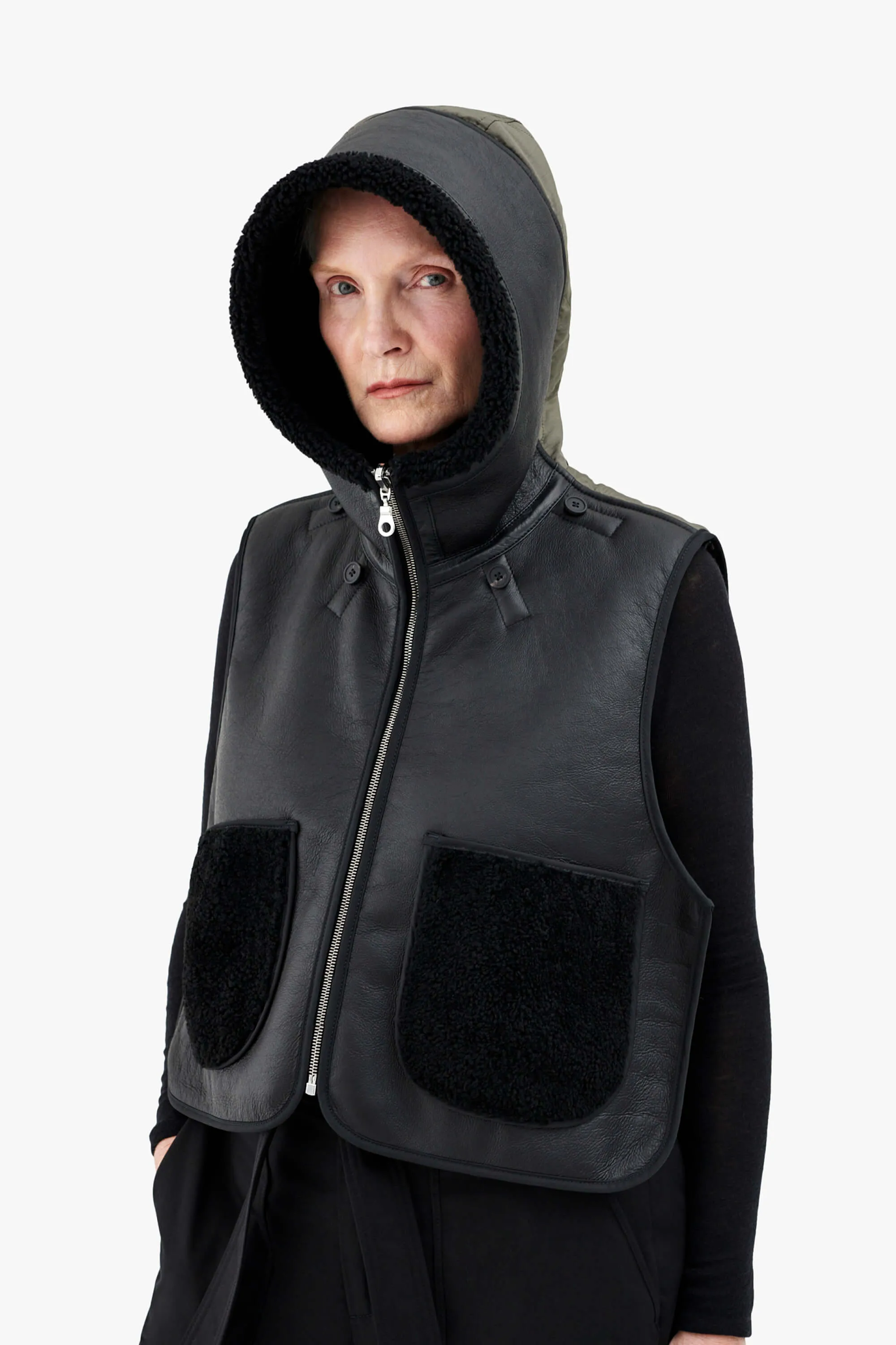 Leather & Shearling Zip Hood - Black & Dark Olive / Black & Anthracite