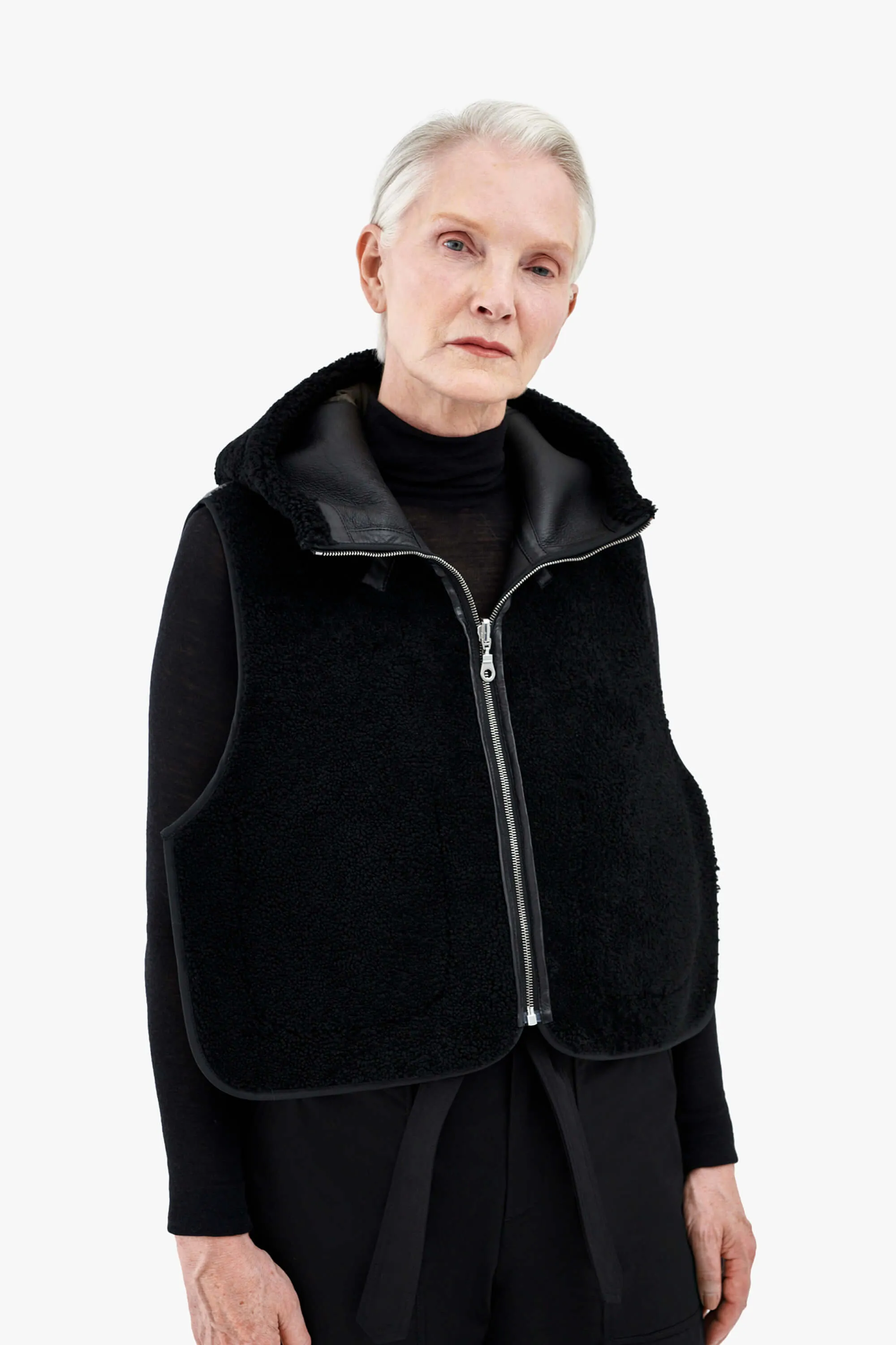 Leather & Shearling Zip Hood - Black & Dark Olive / Black & Anthracite
