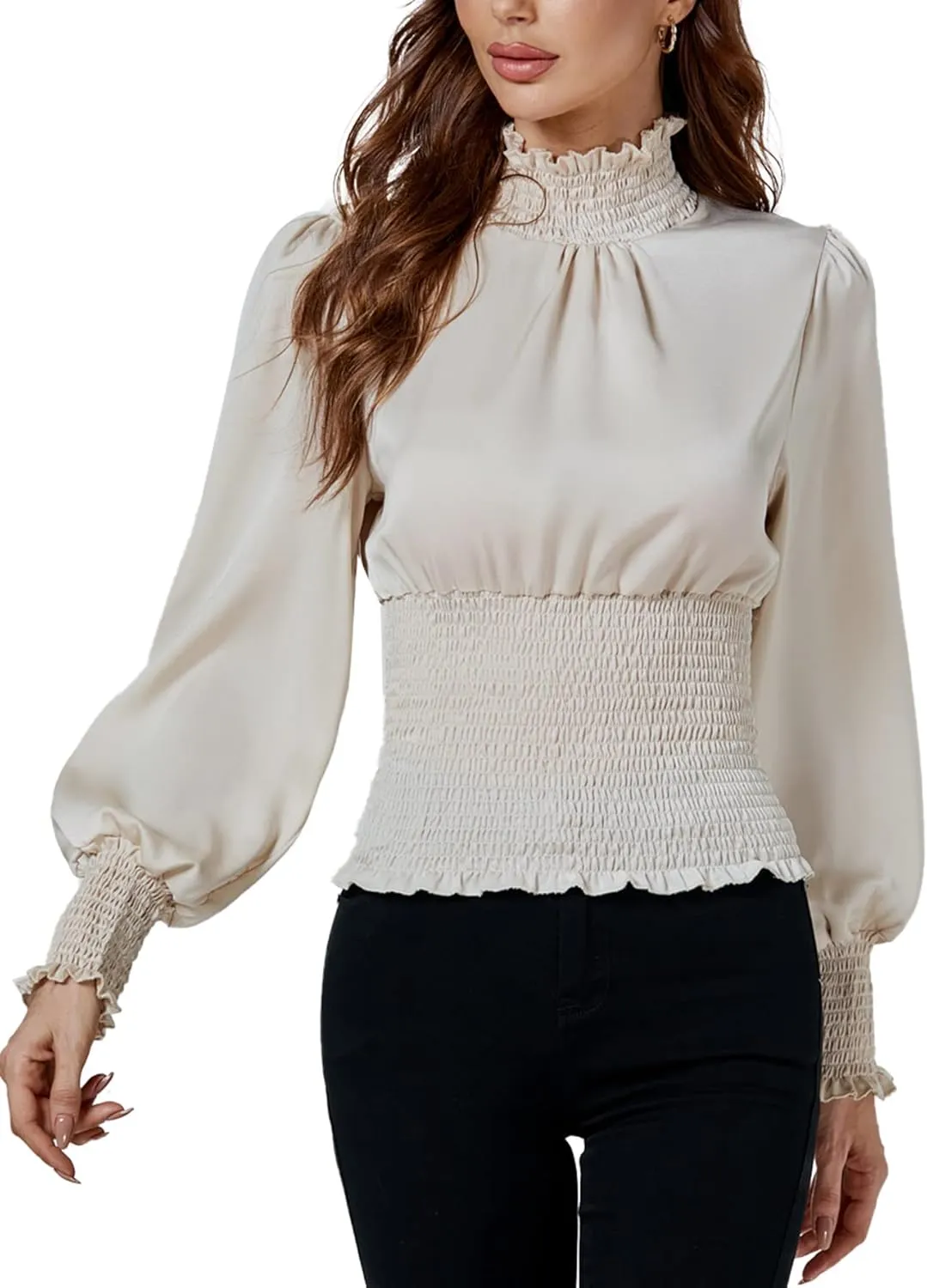 LYANER Women's Shirred Frill Mock Neck Smocked Puff Long Sleeve Blouse Top