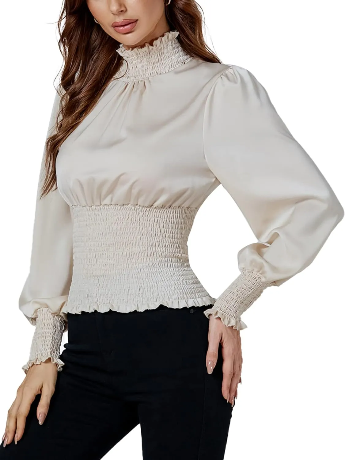 LYANER Women's Shirred Frill Mock Neck Smocked Puff Long Sleeve Blouse Top