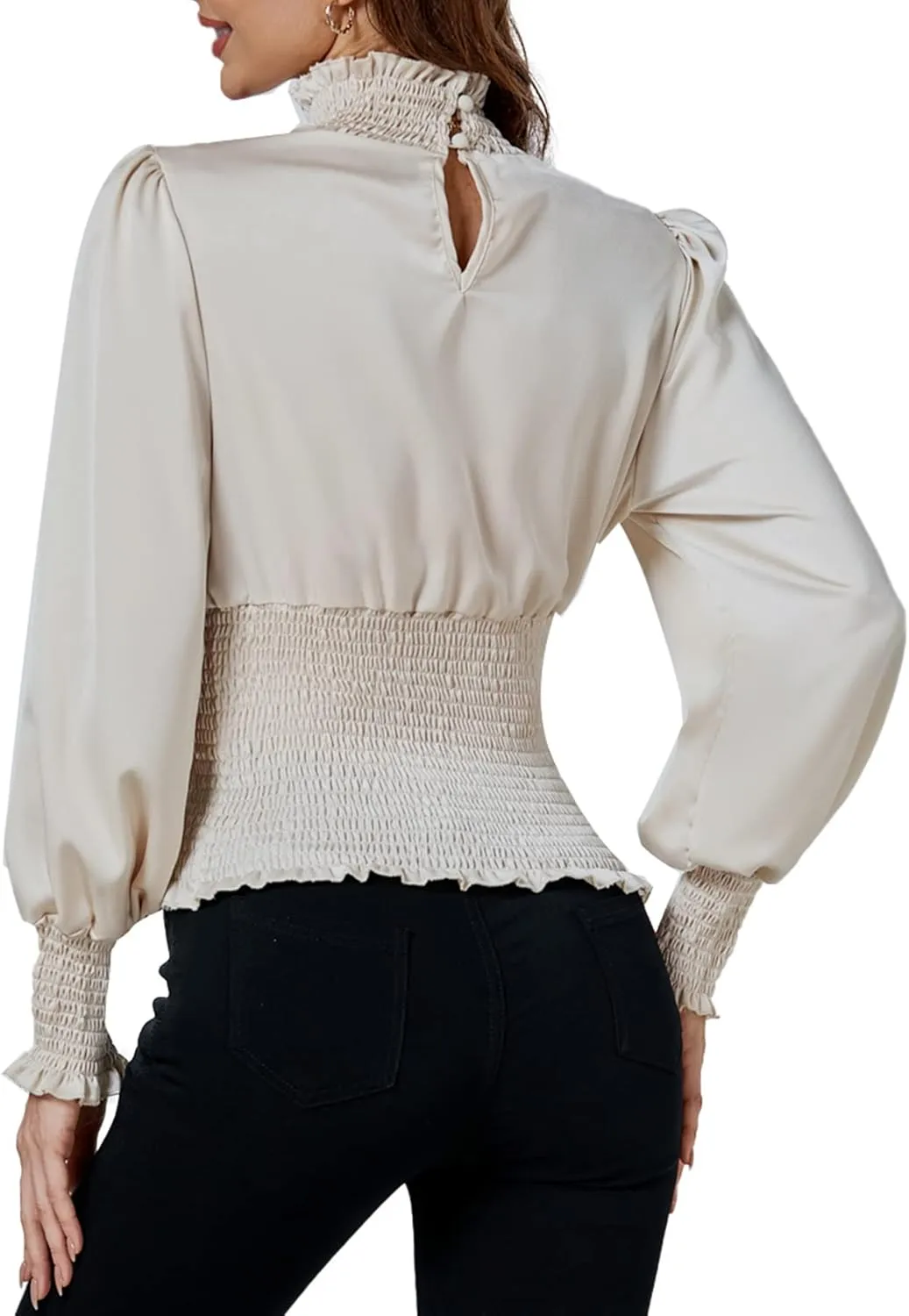 LYANER Women's Shirred Frill Mock Neck Smocked Puff Long Sleeve Blouse Top