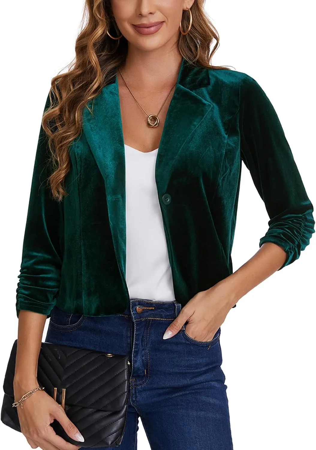 MINTLIMIT Velvet Blazer 3/4 Ruched Sleeve Notched Lapel Button Front Casual Work Office Blazer Jackets