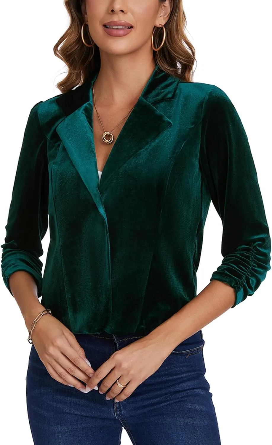 MINTLIMIT Velvet Blazer 3/4 Ruched Sleeve Notched Lapel Button Front Casual Work Office Blazer Jackets