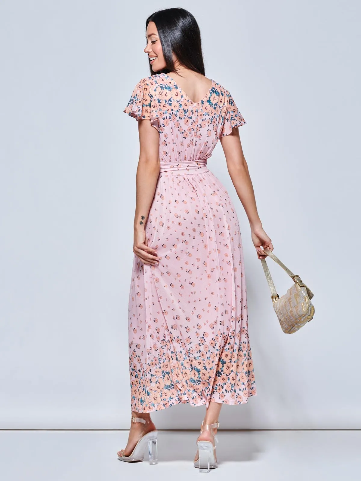 Mirrored Floral Print Mesh Maxi Dress, Pink Multi
