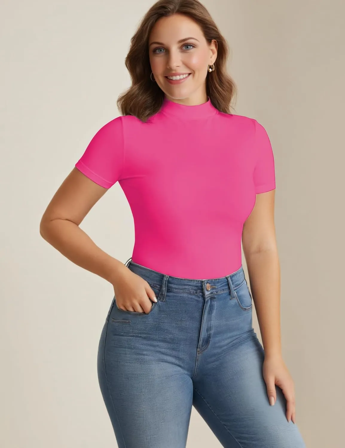 Mock Turtleneck Short Sleeve Tops for Women, Mock Neck Fitted T-Shirt Flowey Print Baselayer Office Tee