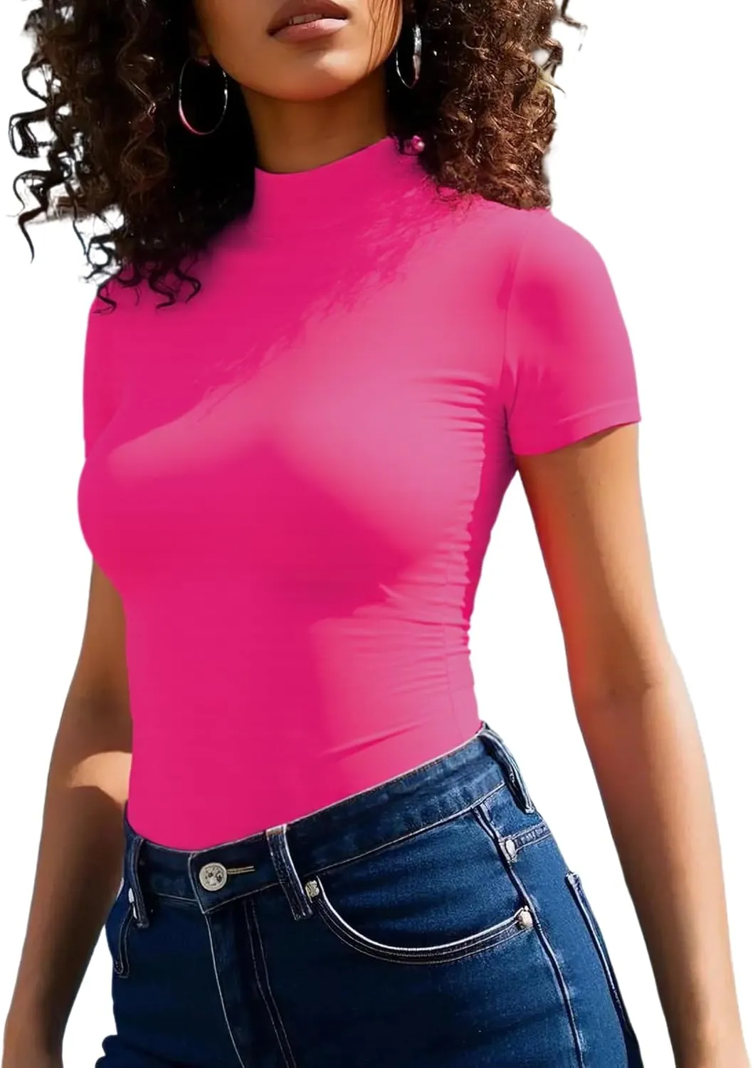 Mock Turtleneck Short Sleeve Tops for Women, Mock Neck Fitted T-Shirt Flowey Print Baselayer Office Tee