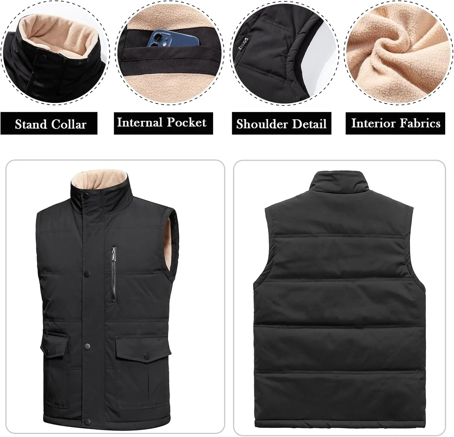 Msmsse Men's Winter Outerwear Vests Puffer Fleece Lined Quilted Vest Casual Sleeveless Jacket
