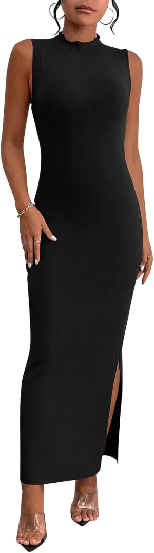 PRETTYGARDEN Women's Summer Bodycon Midi Sundress Mock Neck Sleeveless Knitted Dresses Side Slit Long Tank Dress