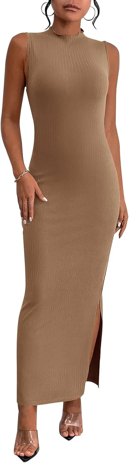 PRETTYGARDEN Women's Summer Bodycon Midi Sundress Mock Neck Sleeveless Knitted Dresses Side Slit Long Tank Dress