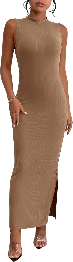 PRETTYGARDEN Women's Summer Bodycon Midi Sundress Mock Neck Sleeveless Knitted Dresses Side Slit Long Tank Dress