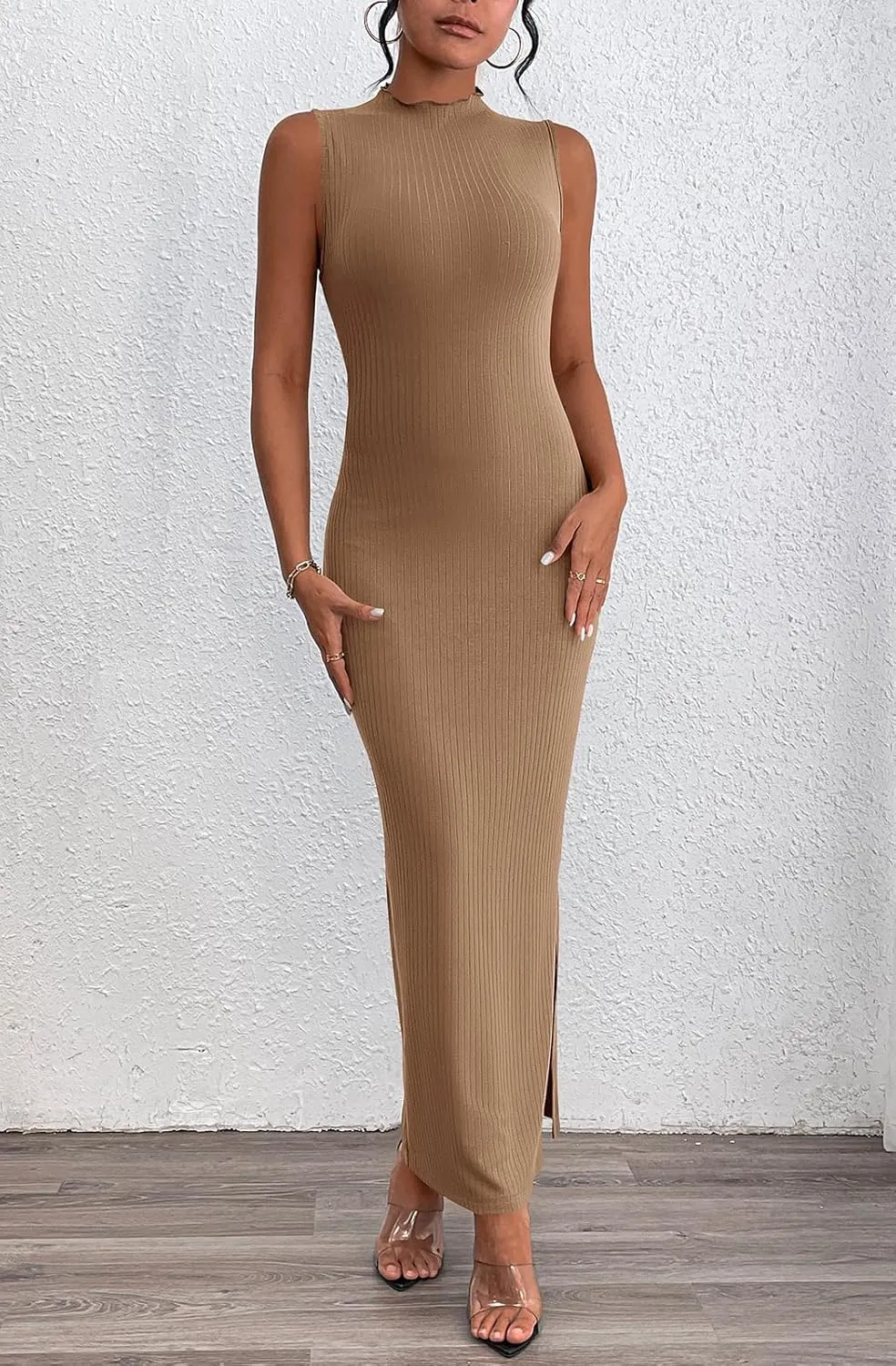 PRETTYGARDEN Women's Summer Bodycon Midi Sundress Mock Neck Sleeveless Knitted Dresses Side Slit Long Tank Dress