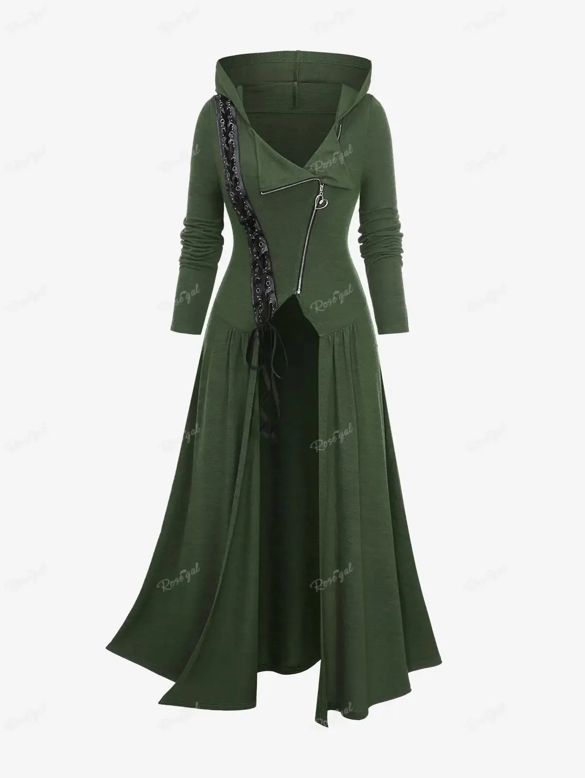 Ros gal Plus Size Kapuzen mantel tiefgrün lange Schnür tüllen Reiß verschluss Überschuss asymmetrisch trägt Frauen Herbst, Frühlings mäntel