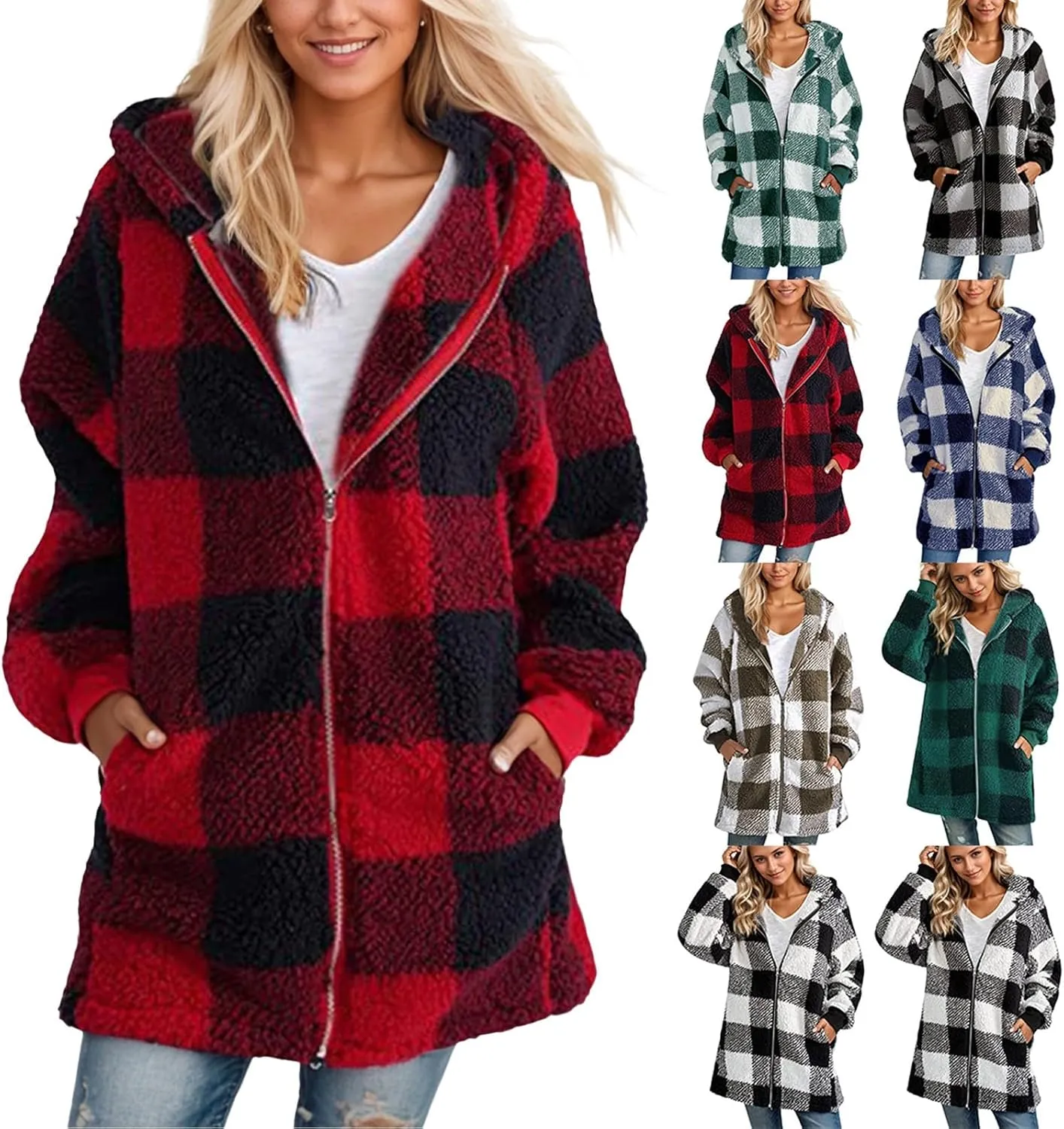 Shackets for Women 2024 Fall Zip Up Fuzzy Plaid Jacket Plus Size Casual Warm Winter Fleece Long Hoodie with Pockets