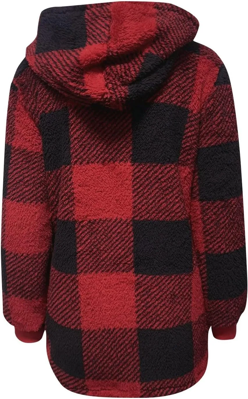 Shackets for Women 2024 Fall Zip Up Fuzzy Plaid Jacket Plus Size Casual Warm Winter Fleece Long Hoodie with Pockets