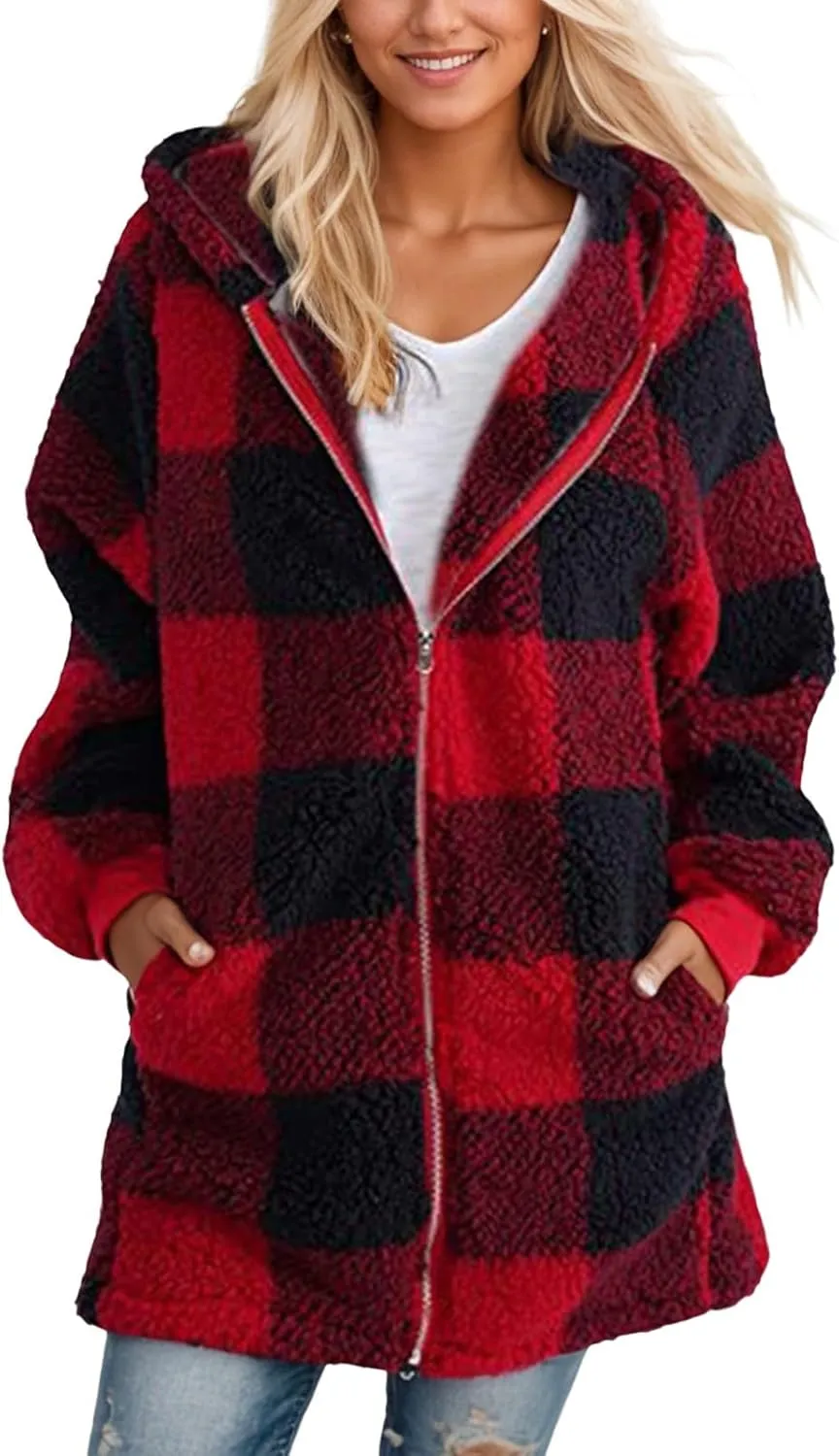 Shackets for Women 2024 Fall Zip Up Fuzzy Plaid Jacket Plus Size Casual Warm Winter Fleece Long Hoodie with Pockets