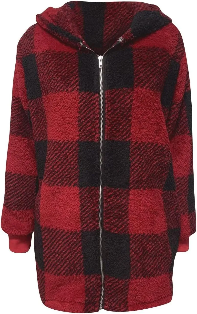 Shackets for Women 2024 Fall Zip Up Fuzzy Plaid Jacket Plus Size Casual Warm Winter Fleece Long Hoodie with Pockets