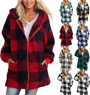 Shackets for Women 2024 Fall Zip Up Fuzzy Plaid Jacket Plus Size Casual Warm Winter Fleece Long Hoodie with Pockets
