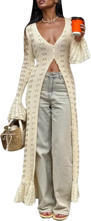 Unybwonn Women Cropped Cardigan Sweater Bell Long Sleeve Knit Crochet Cardigan Crop Top Casual Hollow Out Bolero Shrug