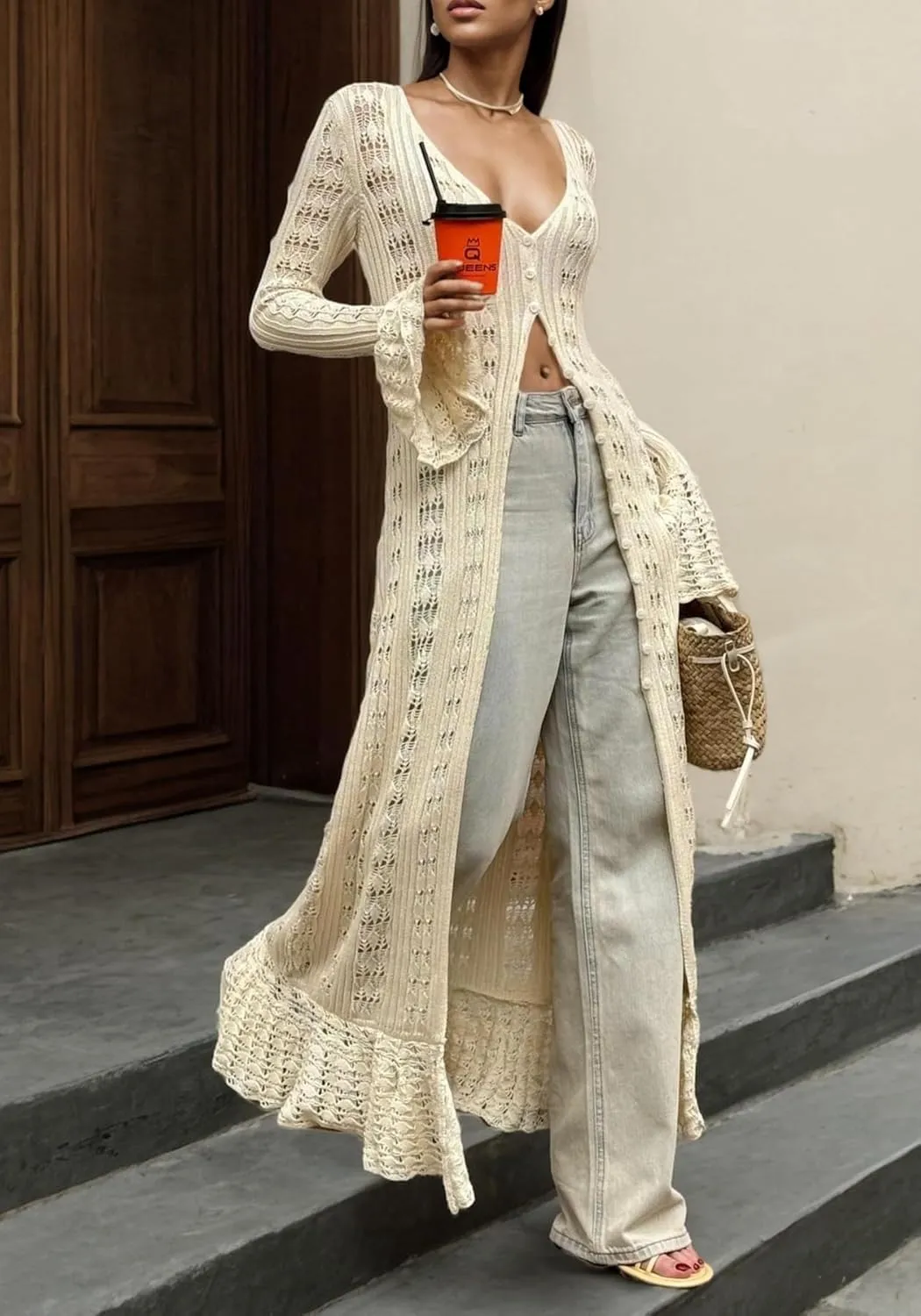 Unybwonn Women Cropped Cardigan Sweater Bell Long Sleeve Knit Crochet Cardigan Crop Top Casual Hollow Out Bolero Shrug