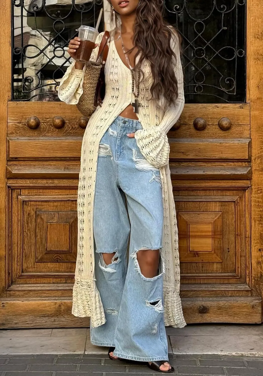 Unybwonn Women Cropped Cardigan Sweater Bell Long Sleeve Knit Crochet Cardigan Crop Top Casual Hollow Out Bolero Shrug