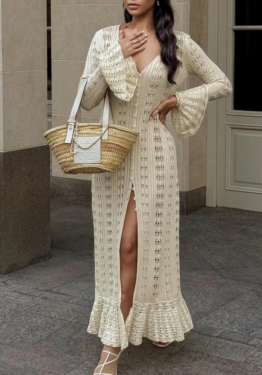 Unybwonn Women Cropped Cardigan Sweater Bell Long Sleeve Knit Crochet Cardigan Crop Top Casual Hollow Out Bolero Shrug