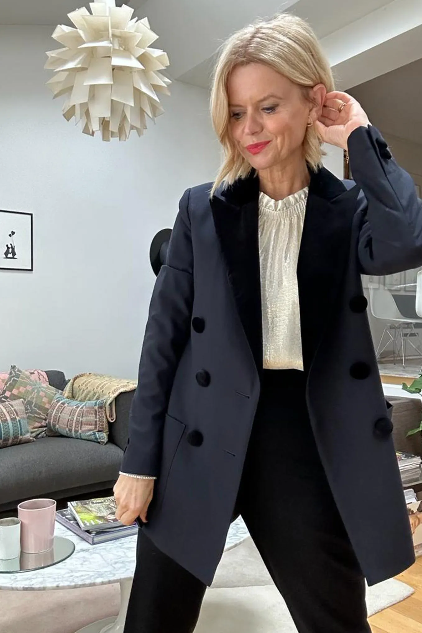Verity Velvet Trim Double Breasted Tux Jacket - Midnight