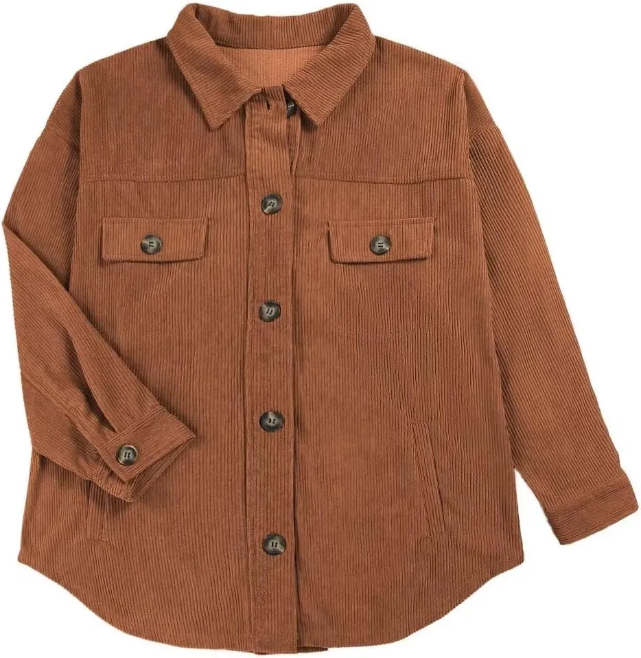 VICHYIE Womens Corduroy Shacket Blouses Button Down Shirts Pocket Long Sleeves Tops Jacket Coats