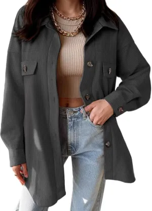 VICHYIE Womens Corduroy Shacket Blouses Button Down Shirts Pocket Long Sleeves Tops Jacket Coats